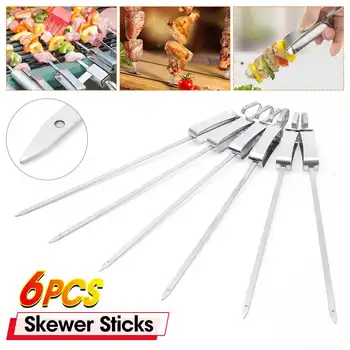 

6Pcs Barbecue Skewers Reusable BBQ Stainless Steel Skewer Needle Sticks Home Outdoor Camping Picnic Cooking Tools + Storage Bag
