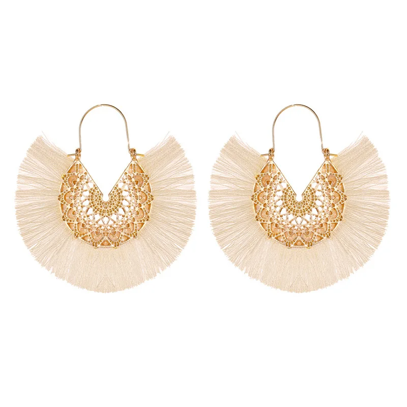 Tassel Lace Fan Retro Pattern Red Alloy Blue Khaki Black Grey White Yellow Dangle Earrings & Drop Earrings for Women 3