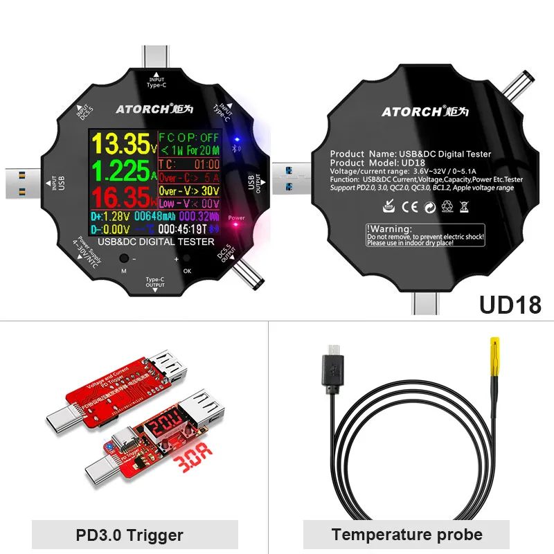 DC5.5 USB3.0 Тип-C тестер 6-Bit Высокая точность цифровой PD3.0 Вольтметр Амперметр Дисплей power bank метр для е-тестовая прикладная программа - Цвет: add pd ntc