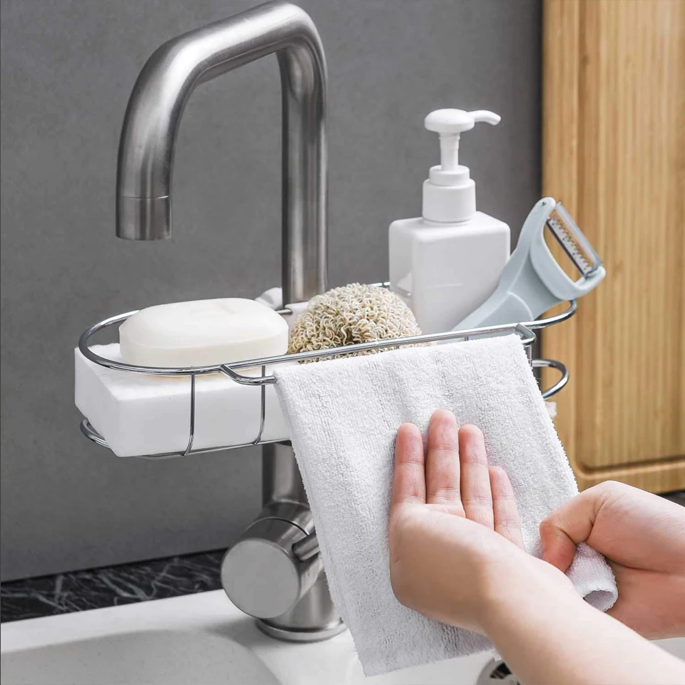 

Stainless steel Adjustable Hanging Storage Holder Snap Sink Sponge Storage Rack Hanging scouring pad shelf Kitchen Organizer