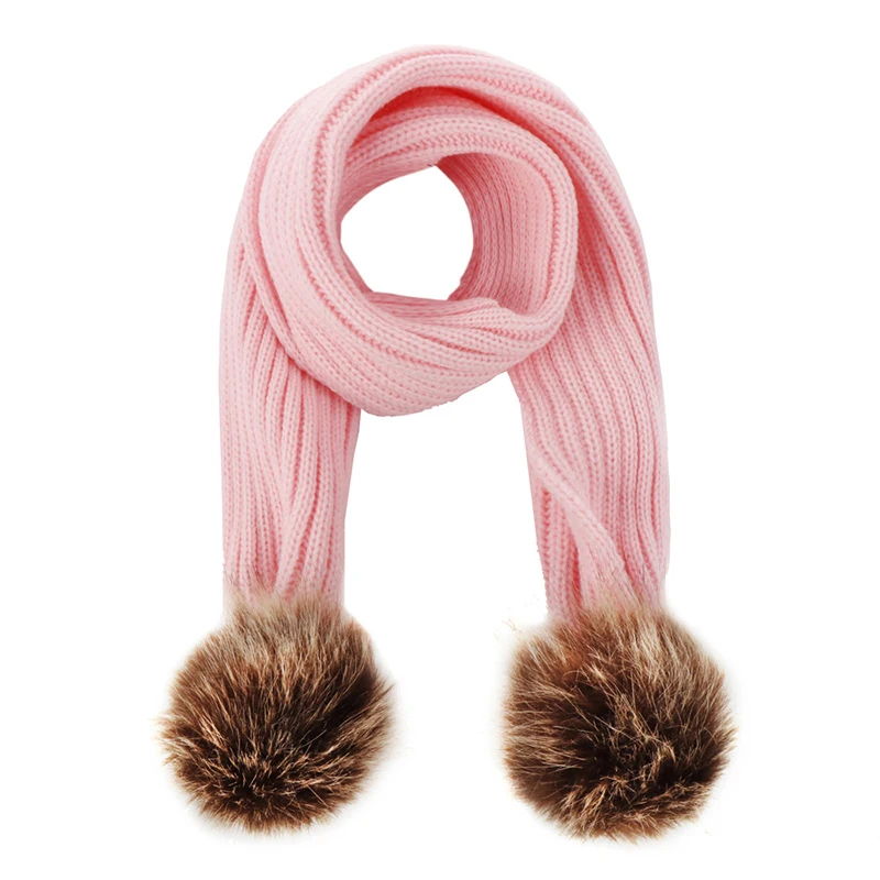 Детский вязаный шарф с помпоном для родителей и детей, зимние наборы шарф шапка с двумя меховыми помпонами, шапка для мамы и ребенка, теплая вязаная шаль, подарочная упаковка - Цвет: pink scarf