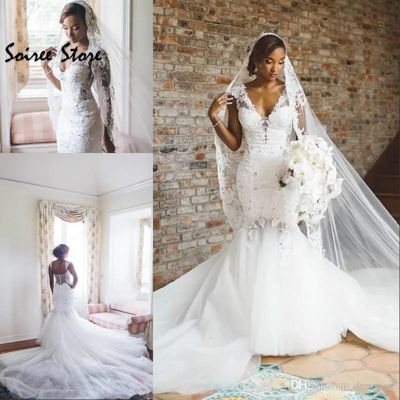 

Custom African Mermaid Wedding Dresses V Neck Fishtail Church Garden Wedding Gowns Backless Sweep Train Tulle Bride Dess 2019