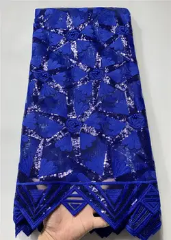 

2020 Fashion Royal blue French Tulle Lace Fabric With Sequins Lace Soft Milk Silk Nigerian Mesh Lace Fabric For Wedding RF8-754