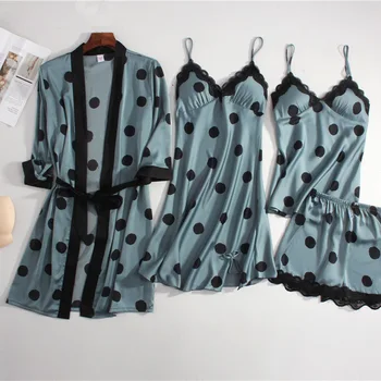 

Four Pcs Pajamas Home Suit Female Summer Lace Decor Strap Big Point Printing Mini Nightdress Four-piece Suit Women Pajamas