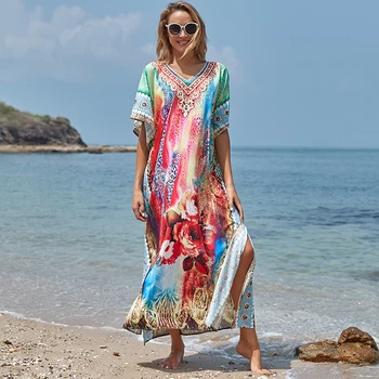 

Plus size Bohemian Maxi Dress Cover-ups Polyester Robe de Plage Beach Pareos Bikini Cover up Sarong Beachwear Tunic for Beach