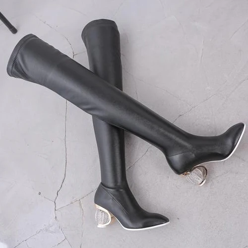 Новые осенне-зимние сапоги модные женские сапоги выше колена удобные черные сапоги из искусственной кожи на высоком каблуке 6,5 см Темпераментная Женская обувь
