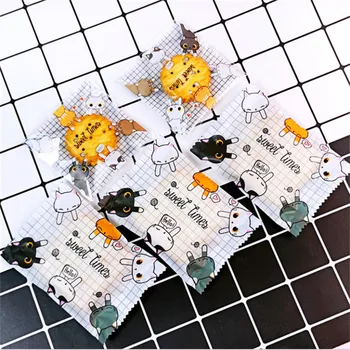 

100Pcs Cartoon Cat Sweet Times Package Handmade Snowflake Cake Packaging Nougat Cookie Self-Adhesive Machine Sealing Bags