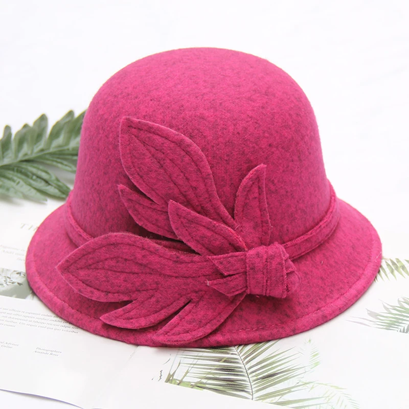 Rose Red FS 12 цветов, осень, винтажная Женская шерстяная фетровая шляпа, модные фетровые шляпы с листом, элегантная женская кепка - Цвет: Rose Red