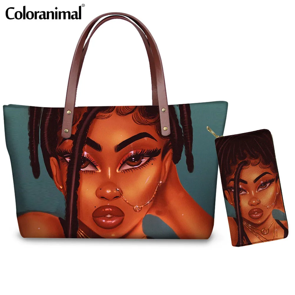 

Coloranimal American Women Handbag, Luxury Brand Long Leather Wallets Set for Female Black Art African Girl Shopper Shoulder Bag