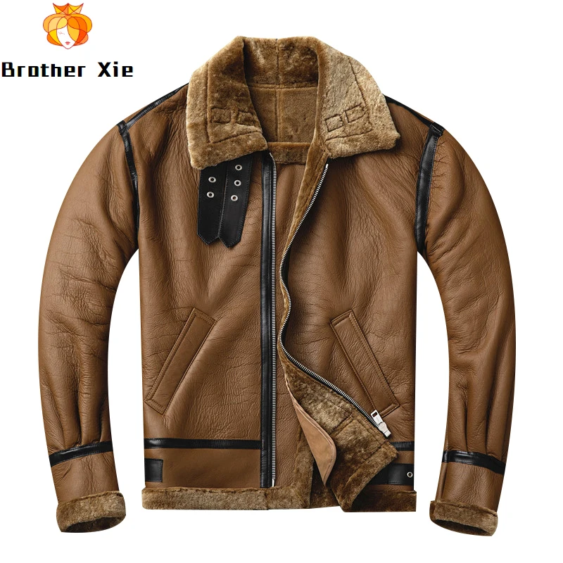 

Men Genuine Leather Jacket Real Sheep Fur Shearling Jacket B3 Flight-pilot Winter Warm Parkas Motorcycle Biker R3392