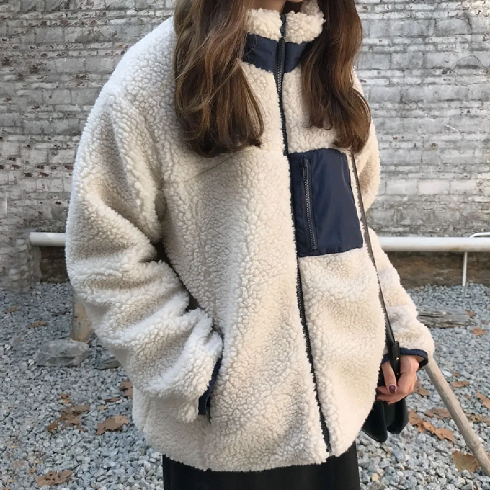 

Jacket Women 2020 Autumn Winter New Stand Collar Stitching Color Loose Quilted Thickened Wild Lamb Wool OverCoat