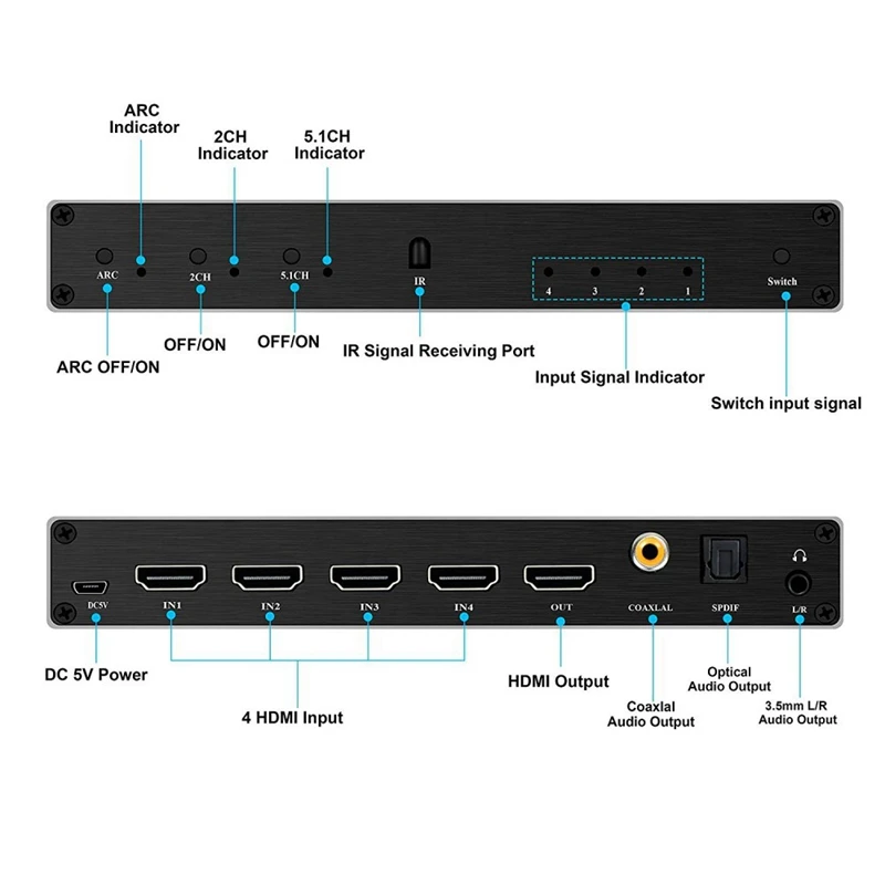 HDMI Switch 4K@60Hz 4 in 1 Out with Remote Control/Audio Optical, HDMI Splitter with Audio Extractor Support ARC