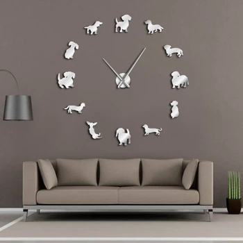 

HOT DIY Wall Clock Creative Art Dog Big Wall Clock Puppy Dog No Frame Wall Clock With Mirror Effect Living Room Home Decoration