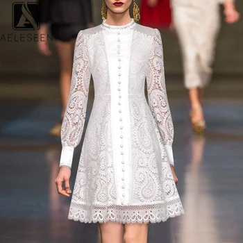 

AELESEEN Runway Fashion Lace Dress 2020 Spring Summer Long Lantern Sleeve Button Hollow Out Flower Embroidery Beading Mini Dress