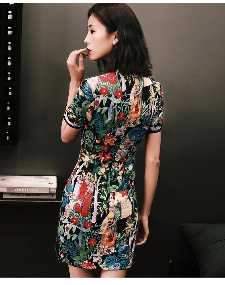 Женское шелковое платье cheongsam с коротким рукавом, Ретро стиль, воротник-стойка, платье cheongsam, цветочный принт, qipao, улучшенное китайское платье