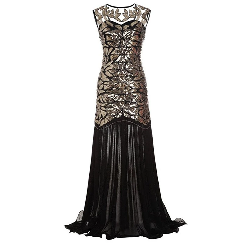 Women/'s 1920s Formal Dress Tassels Sleeve Sequins Gatsby Maxi Evening Gown