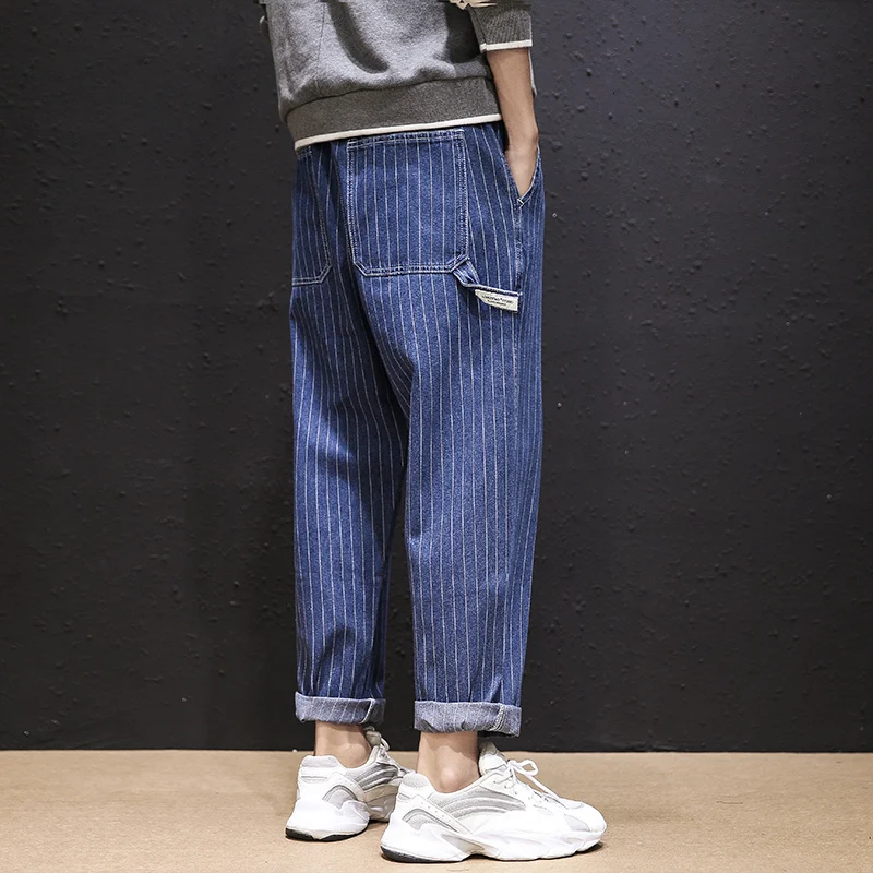 Japanese Autumn New Korean Version Of The Large Size Loose Vertical Striped Tooling Casual Jeans