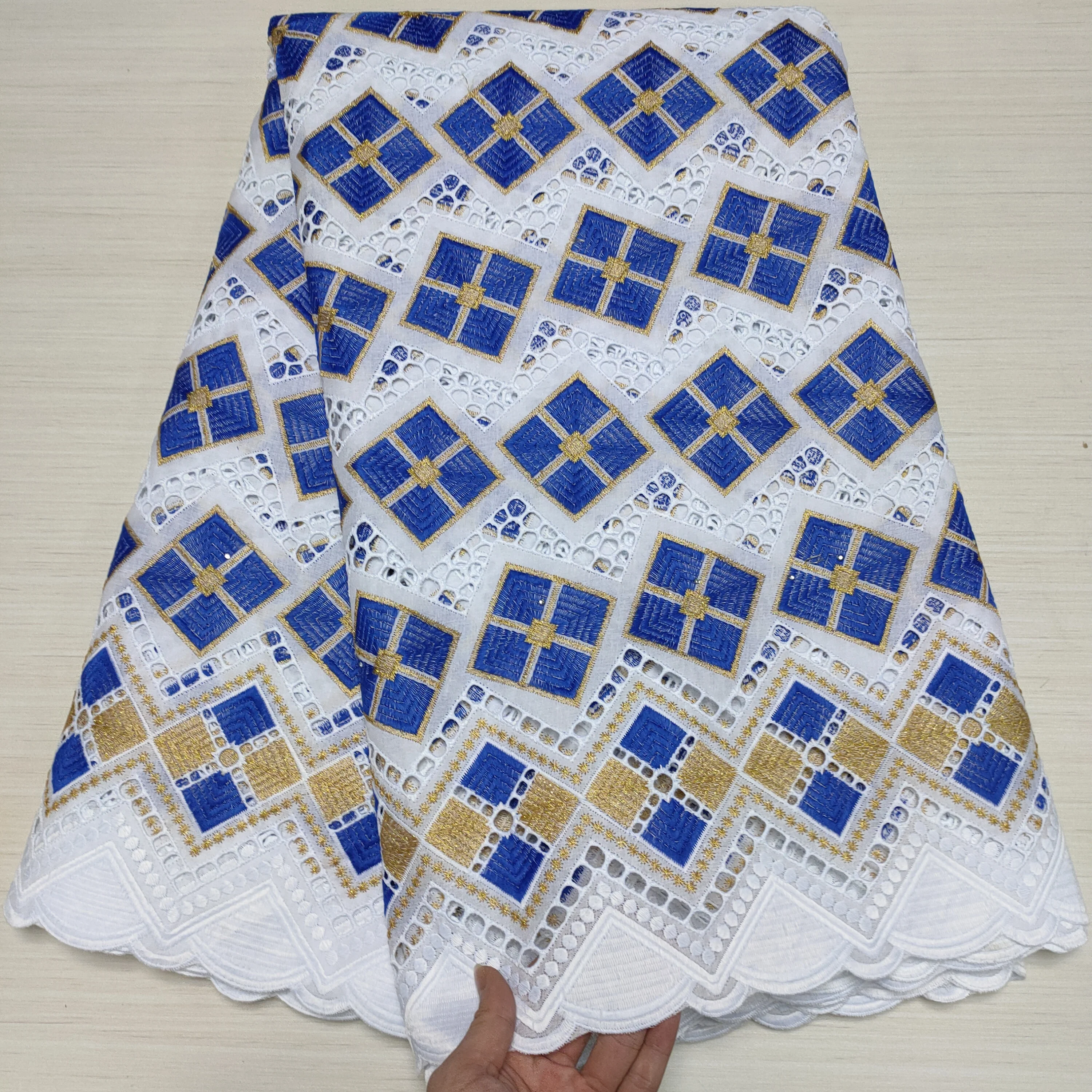 Белая и синяя африканская сетчатая кружевная ткань 100% хлопок с вышивкой