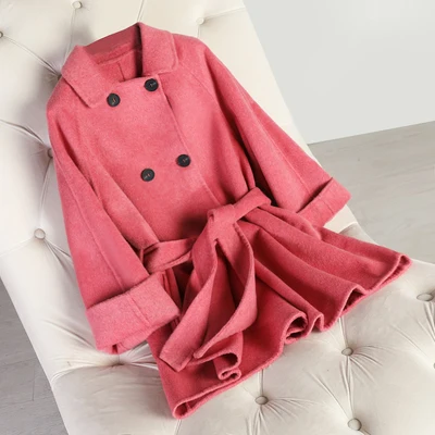Red Pink Женское шерстяное пальто осенне-зимнее женское пальто средней длины С Вырезанным воротником Верхняя одежда с поясом Корейская верхняя одежда Новинка - Цвет: Red Pink