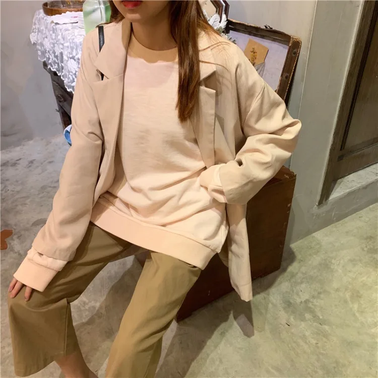 

2019 Autumn Korean-style Simple Hong Kong Style Loose-Fit Mid-length Versatile Slimming Mid-length Fold-down Collar Suit Jacket
