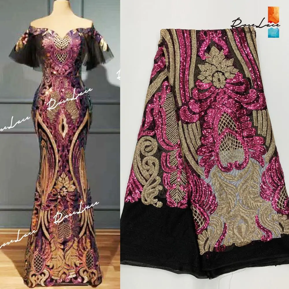 

Fuchsia Sequins African Net Lace Fabrics 2020 High Quality Mesh Tulle Lace Fabrics Nigerian Embroidery Wedding Prom Material