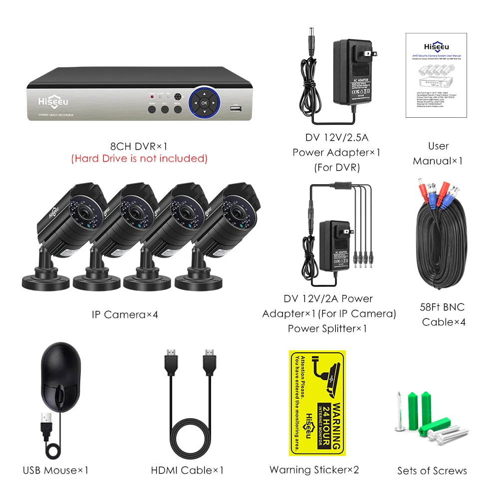 Камера видеонаблюдения Hiseeu 8 каналов 5 МП AHD DVR 4 шт. погодозащищенный объектив 3 6