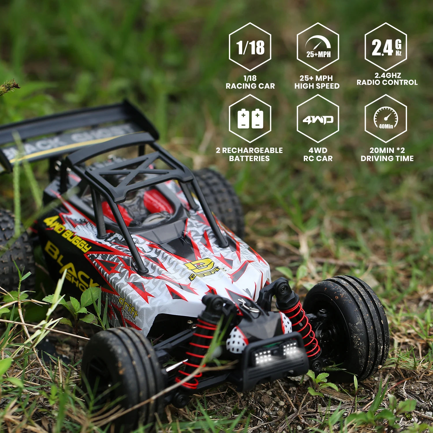 RC Car 1:18 Scale High Speed Remote Control Car 2.4GHz Radio 25 with Two Rechargeable Batteries for 40 Min Play MPH 4WD All Terrain Off Road Rally Buggy Racing Cars Toys Gifts for Boys & Adults 