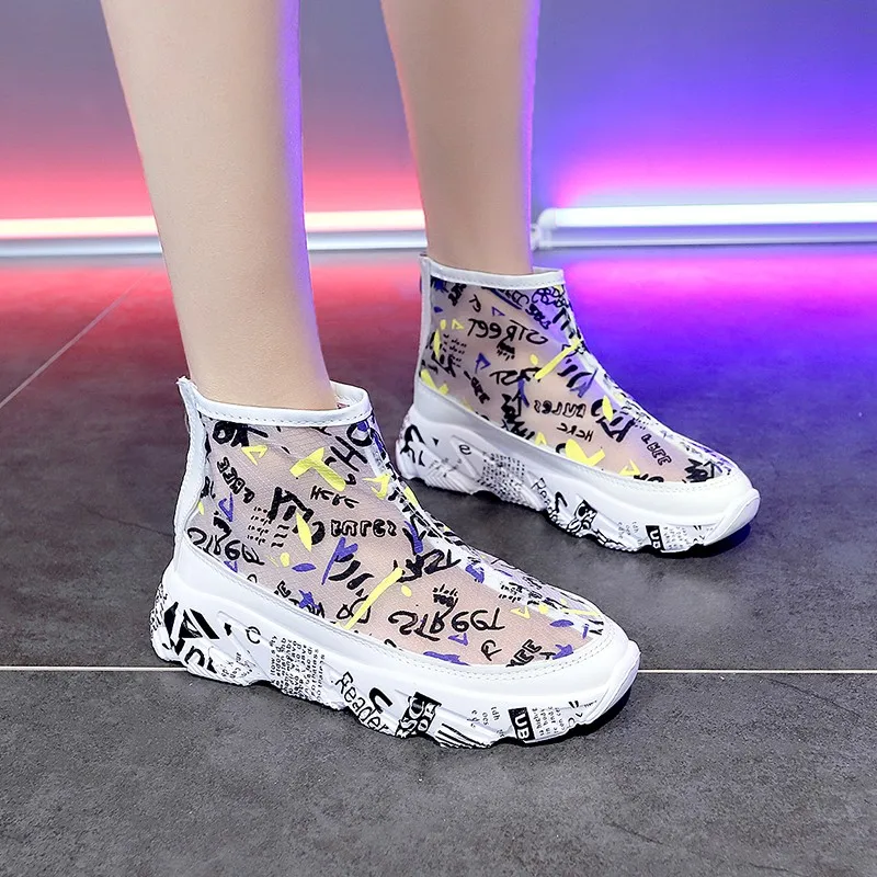 

2019 Vulcanized Shoes Autumn Mesh Flat with Loafers Plus Size Cotton Women Flats Casual Walking Doodle Sneakers for Female