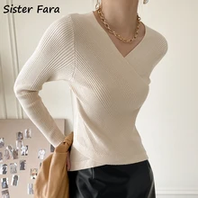 

Sister Fara 2021 Spring Autumn V-Neck Cross Slim Knit Sweater Women's Elegant Long Sleeve Solid Sweaters Female Pullover Sweater
