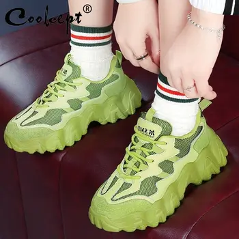 

Coolcept Women Sneakers Real Leather Patchwork Fashion Women Vulcanized Shoes Thick Bottom Lacing Casual Footwear Size 35-40