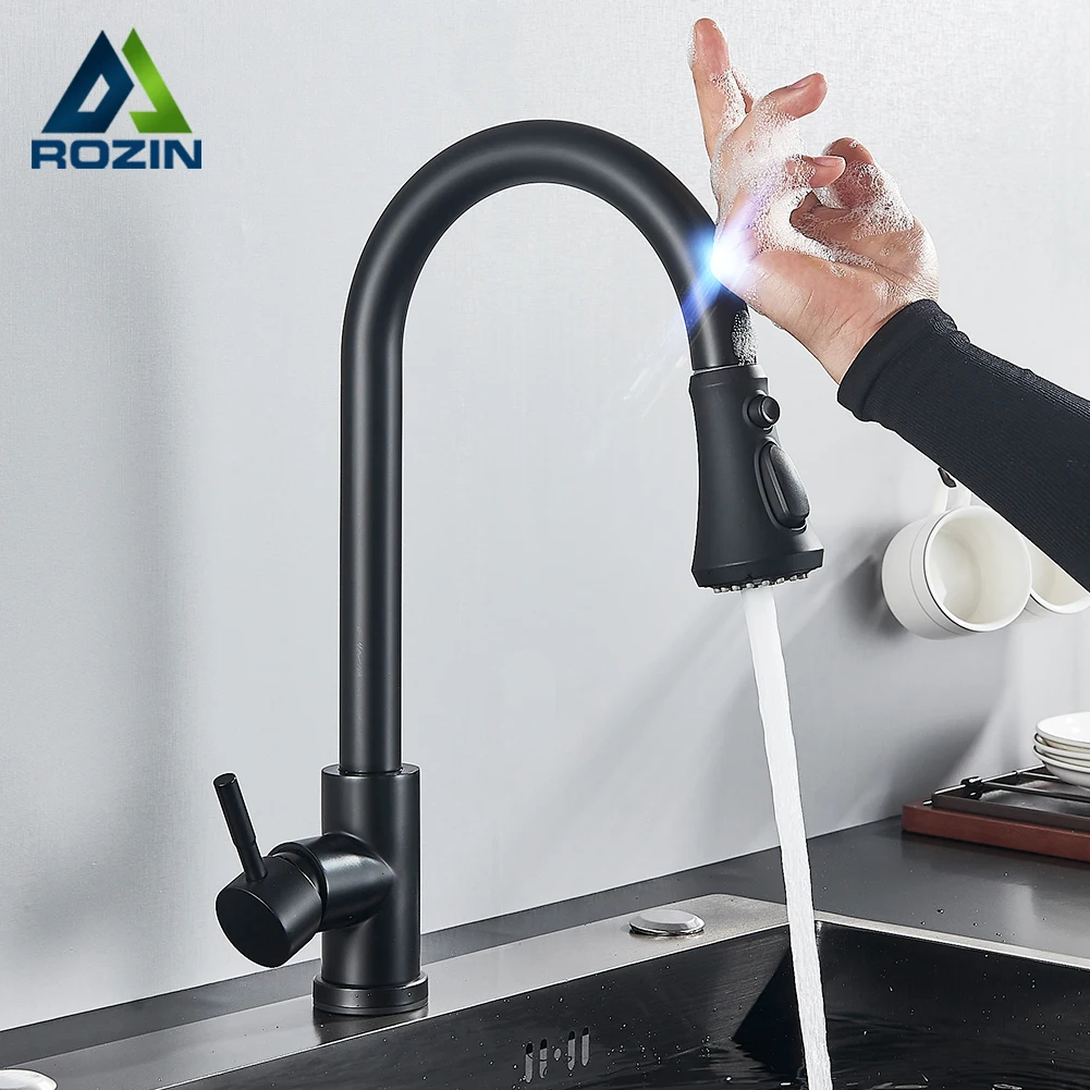 Rozin Smart Touch Keuken Kraan Zwart Poll Out Sensor Kranen Geborsteld Goud 360 Gedraaid Kraan Warm En Koud Water kranen|Keukenkranen| - AliExpress