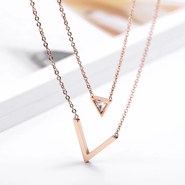 

Rose Gold Double-Layer Triangle Geometric Rhinestone Pendant Women Chain Link Necklace Crystal Fashion Trendy Jewelry