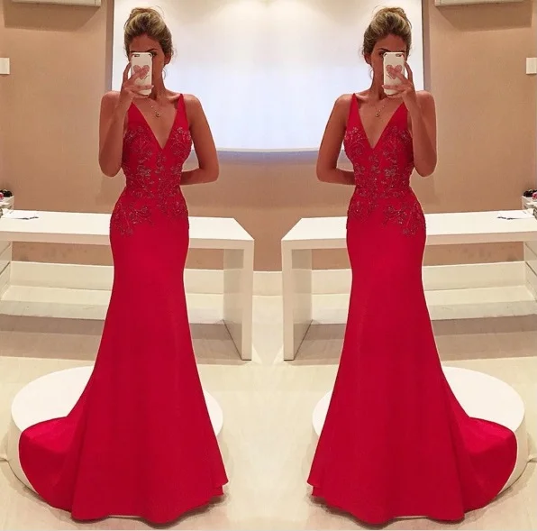 

Sparkly Unique Red Two Straps V-Neckline Sleeveless With Appliques Long Prom gown 2018 robe de soiree bridesmaid dresses