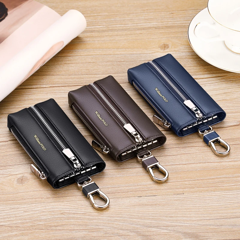 WILLIAMPOLO Key Organizer Fashion Genuine Leather Key Wallet with Hook Zipper Closure Case Car Box key case key holder key organizer key purse key protector
