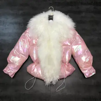 

Winter Jacket Woman New Large Natural Lamb Fur Collar Colorful Glossy Color Drawstring Warm Padded Cotton Jacket Women's Coat