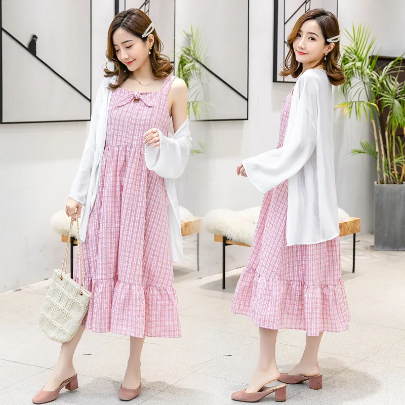 

Maternity Clothes Summer Skirt 2019 New Style Large Size Plaid Strapped Dress Sun Shirt Two-Piece Set