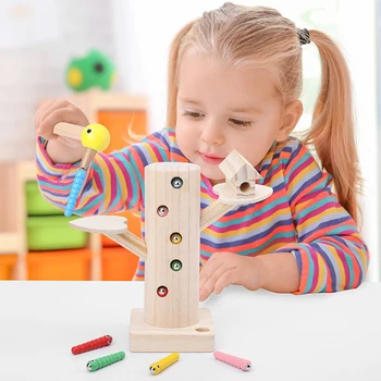

Preschool Kids Early Learning Educational Toy Woodpecker Catch Worms Game Magnetic 3D Puzzle Wooden Toys For Children Gift