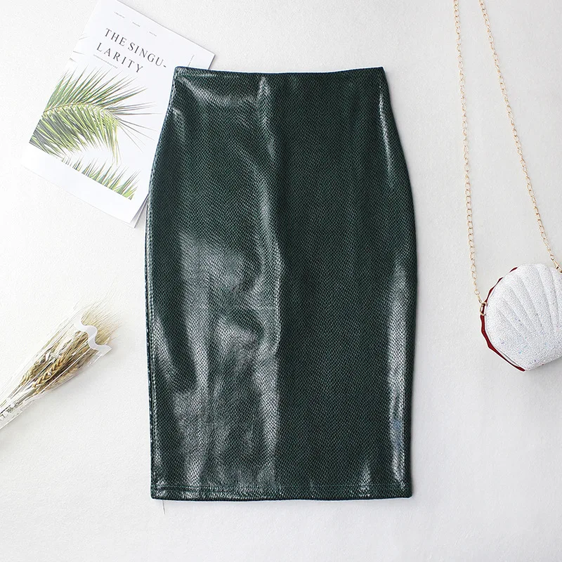 

Snake Leather PU Skirt New Spring Winter Women's Bottom Skirt Pure Color Office Ladies Slim Hip Skirts Pencil Mid-length Skirts