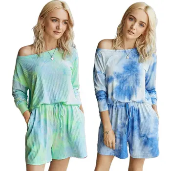 

Women Tie-Dye Pajamas Batwing Sleeves Tops Drawstring Shorts Ribbed Loungewear F3MD