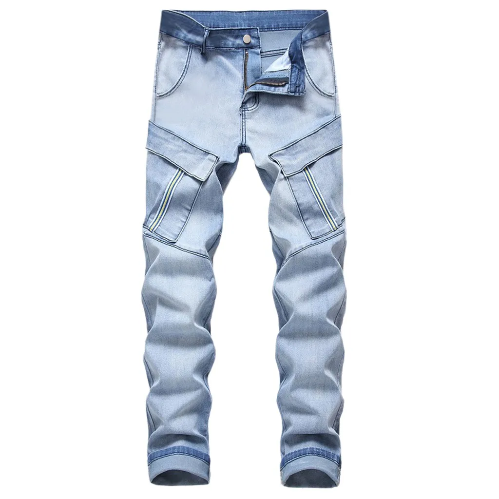 Light blue Мужские новые модные осенне-зимние повседневные длинные джинсы с несколькими карманами, цветные мужские джинсы с принтом, рваные хлопок 9,23 - Цвет: Light blue