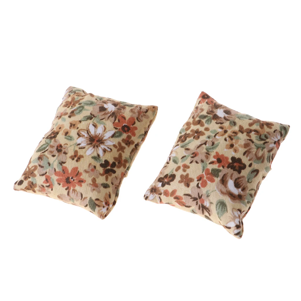 2pcs Beige Floral Cushion Pillow For 1/12 Dollhouse Sofa Bed Accessory Decor