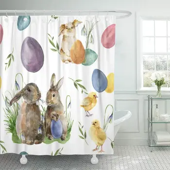 

Decorative Watercolor Easter with Rabbit Chick Holiday with Bunny Bird Colored Eggs 66"x72" Waterproof Bathroom Shower Curtain