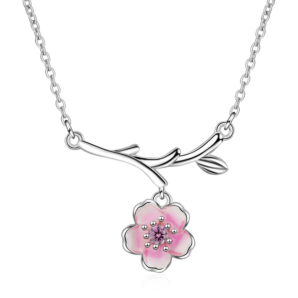

100% 925 Sterling Silver Sweet Cherry Flower Crystal Ladies Pendant Necklace Jewelry Women Short Chain Birthday Gift Never Fade