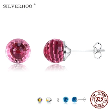 

SILVERHOO S925 Sterling Silver Stud Earrings Women Pink Austria Crystal Earrings Ladies Anniversary Favourite Gift New Arrival