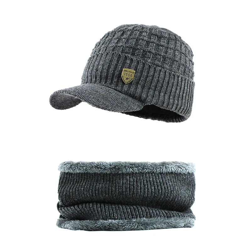 Зимний набор шапки и шарфа, вязаная теплая Толстая шапка для зимы, Мужская теплая акриловая Повседневная Уличная шляпа и шейный платок - Цвет: Gray Set