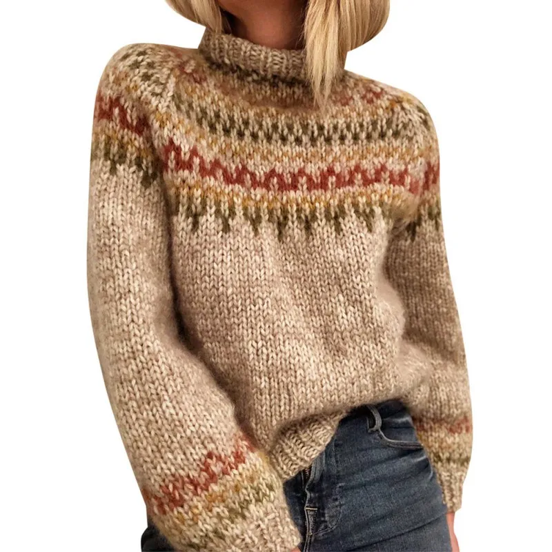 

Autumn Winter Vintage Print Sweater Pullover Women Fashion Casual Loose Turtleneck Sweaters