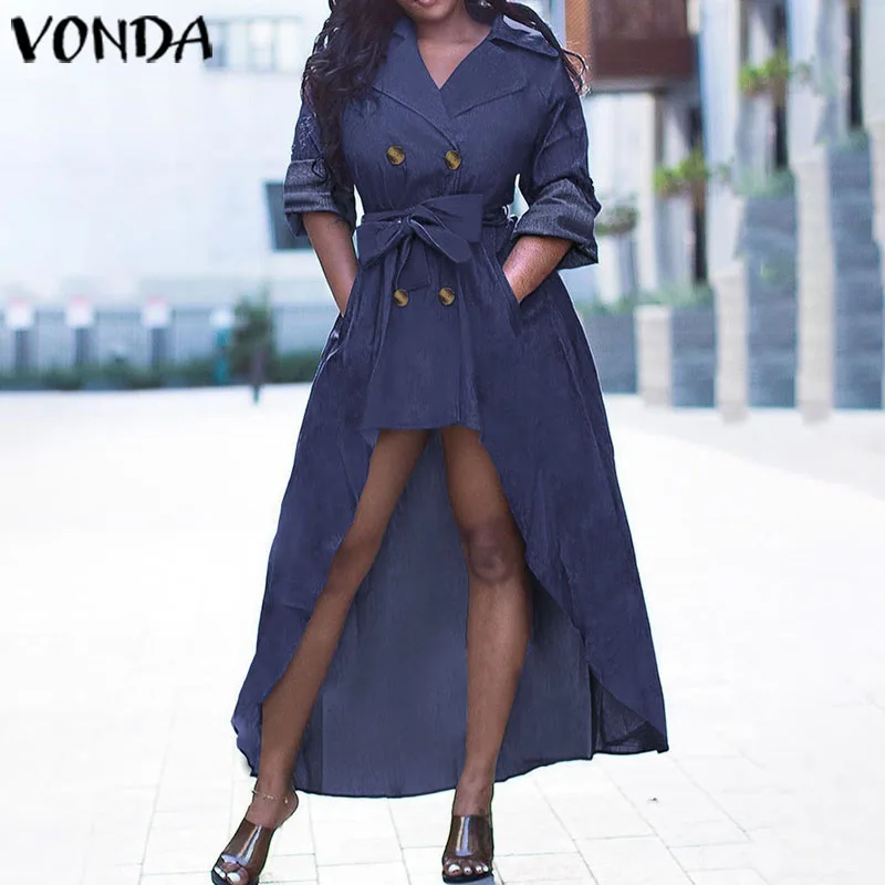 VONDA, модное асимметричное платье для беременных, женские осенние платья с длинным рукавом и отложным воротником, повседневные однотонные джинсовые Сарафаны