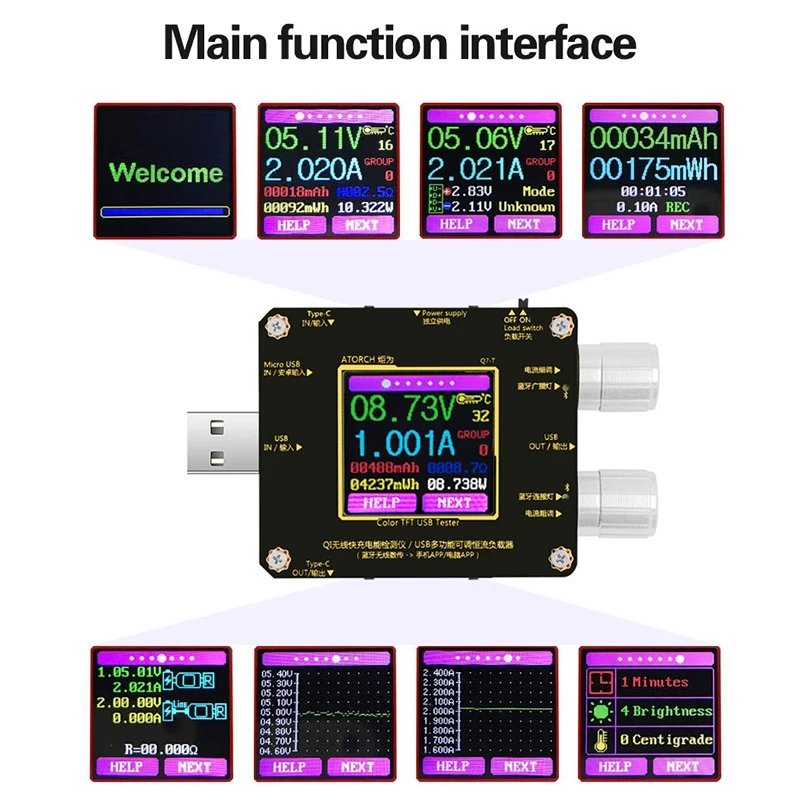 QI Беспроводное зарядное устройство Тестер цветной TFT Bluetooth Android App USB измеритель