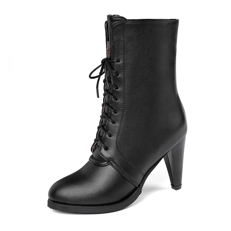 

BELISS New Fashion PU Women Boots Mid-Calf Autumn Winter Boots Women Lace Up High Heel Ladies Platform Shoes Pointed Toe B135