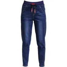 Женские джинсовые штаны с высокой талией, эластичные штаны-шаровары, винтажные повседневные джинсы, свободные длинные штаны на шнурке, брюки палаццо в стиле ретро